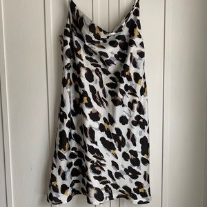 Cowl neck tri-color leopard print slip dress